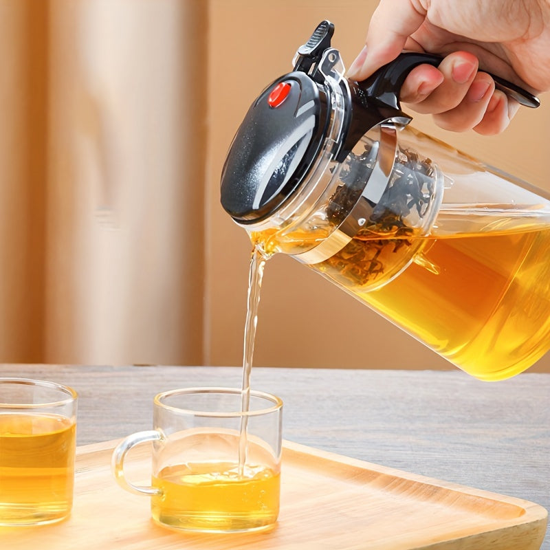 Elegant glass teapot with easy one-button infuser, perfect for loose leaf and blooming tea in home, office, or restaurant.