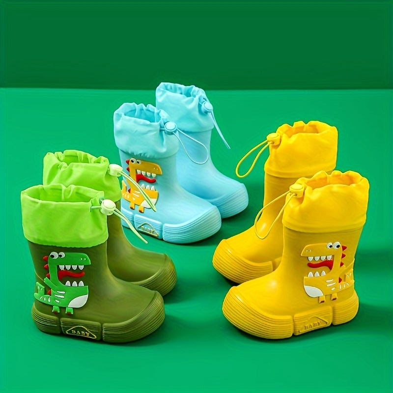 Children's waterproof rain boots featuring adorable cartoon dinosaur and panda designs, with soft, anti-slip soles for both boys and girls.