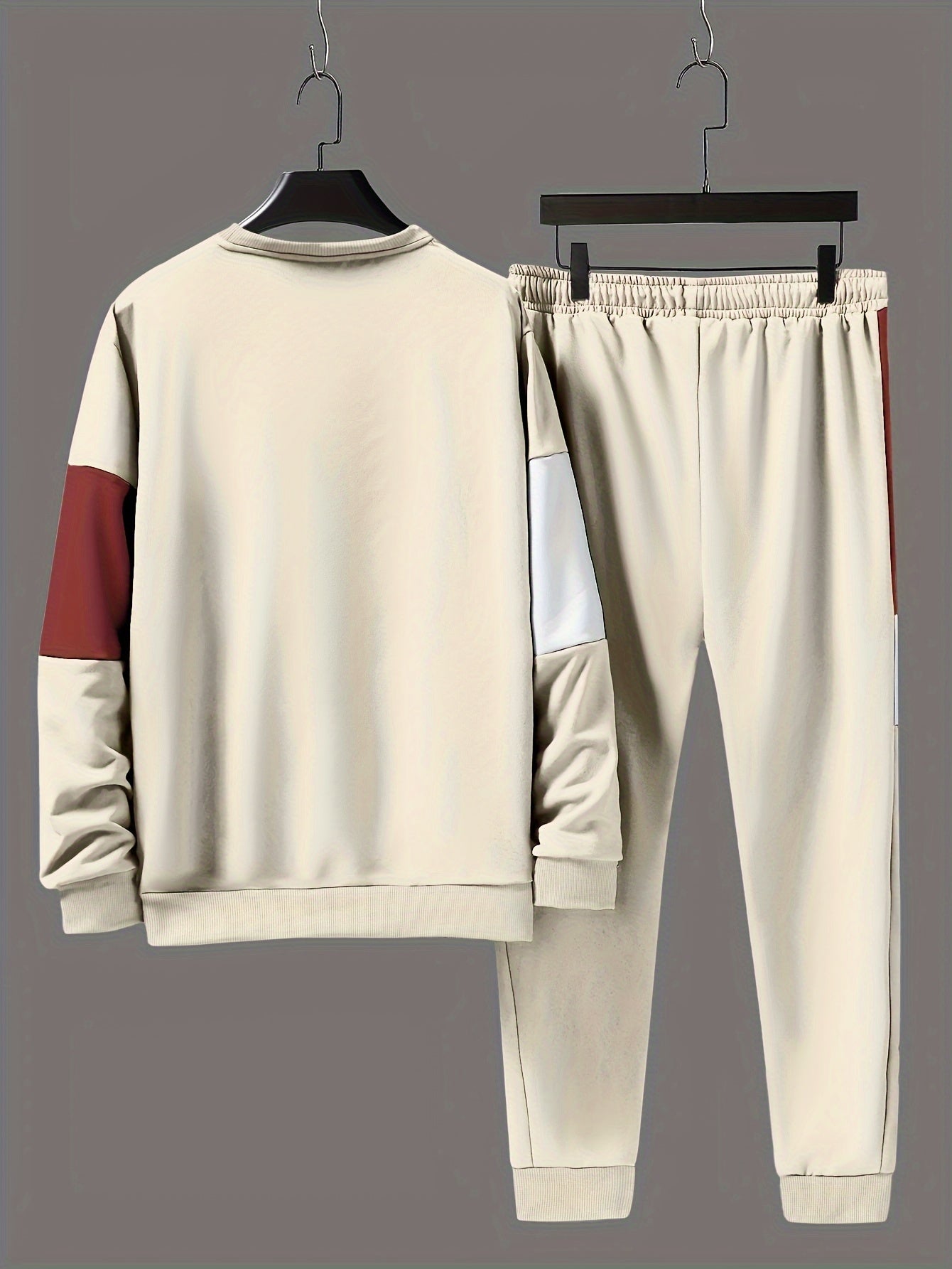 Men's casual crew neck sweatshirt and joggers set. Color block design in polyester blend, machine washable. Ideal for spring and fall, leisure style.