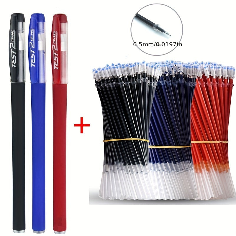 Set of gel pens in black, blue, and red with 0.5mm bullet tips for school and office supplies, kawaii stationery accessories.