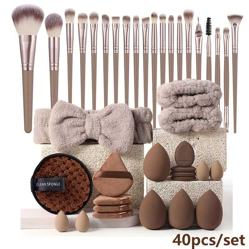 A 20/40 piece makeup tool set with various specifications available. Includes 20 high-quality makeup brushes, headband, wristbands, makeup remover puff, velour puffs, finger puffs, large