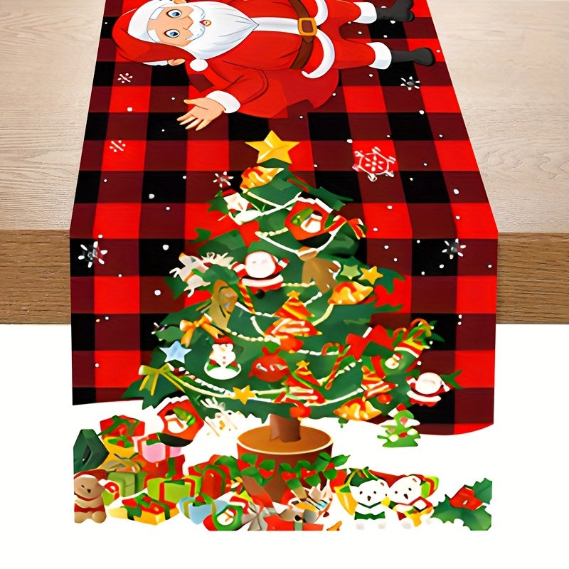 Polyester table runner featuring Santa Claus and reindeer designs, perfect for holiday gatherings and winter home decoration.