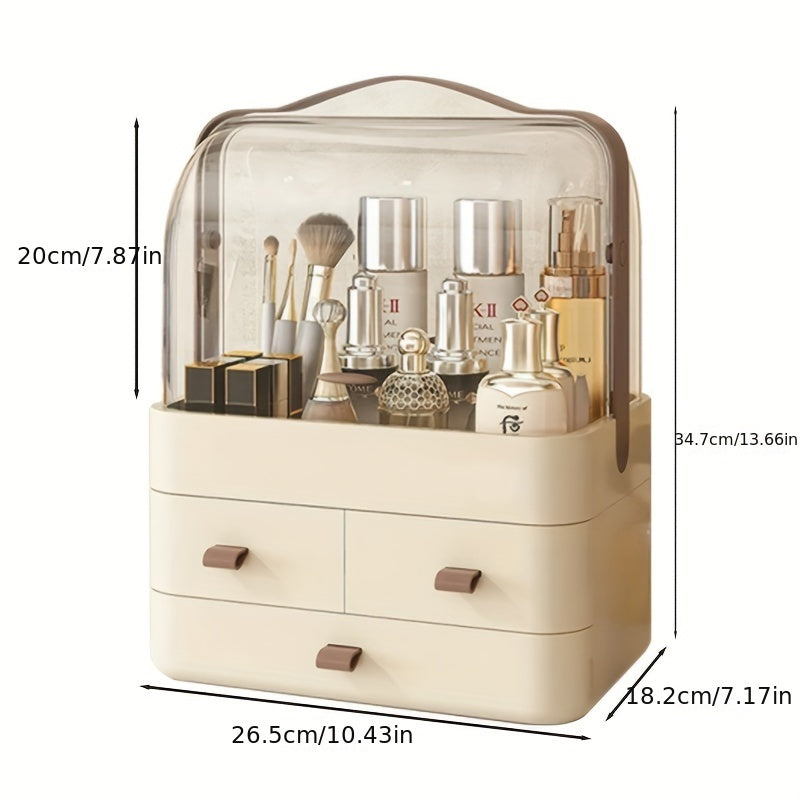 1pc Dust-Proof Cosmetic Storage Organizer, Plastic Makeup Holder with Drawers, Portable at 26.49 x 18.21 x 34.7 cm for Vanity or Bathroom Use