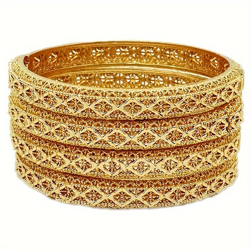 A set of four 24K golden plated bangle bracelets, luxurious and alluring zinc alloy jewelry inspired by Middle Eastern and African styles. Perfect for women to wear daily or to parties, music festivals, or as Ramadan gifts. Suitable for all seasons.