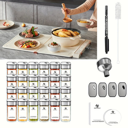 Set of 24 square glass spice jars with writable labels, featuring twist-top lids with multiple sealing holes. This collection includes pens, hose brushes, and stainless steel funnels. Ideal for organizing spices in your home kitchen. White label paper