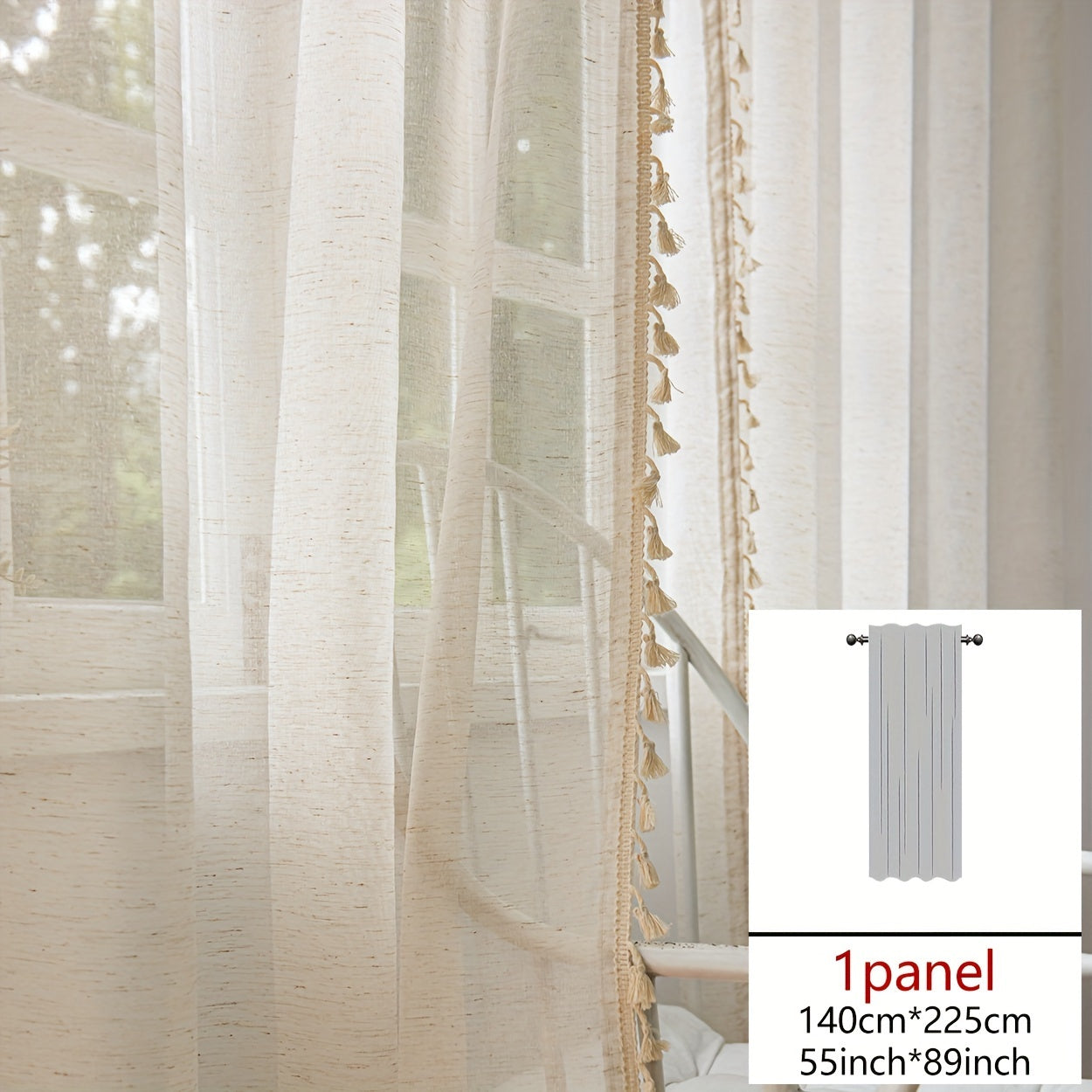 Single Bohemian Lace Curtain with Rod Design, Crafted from Solid Color Linen for Both Light and Privacy, Comes in Natural Wood Color, Sold Individually.