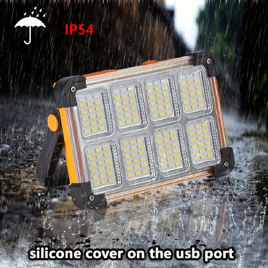 Rechargeable LED Solar Floodlight, versatile for power outage, camping, fishing. Can be charged by solar or USB.