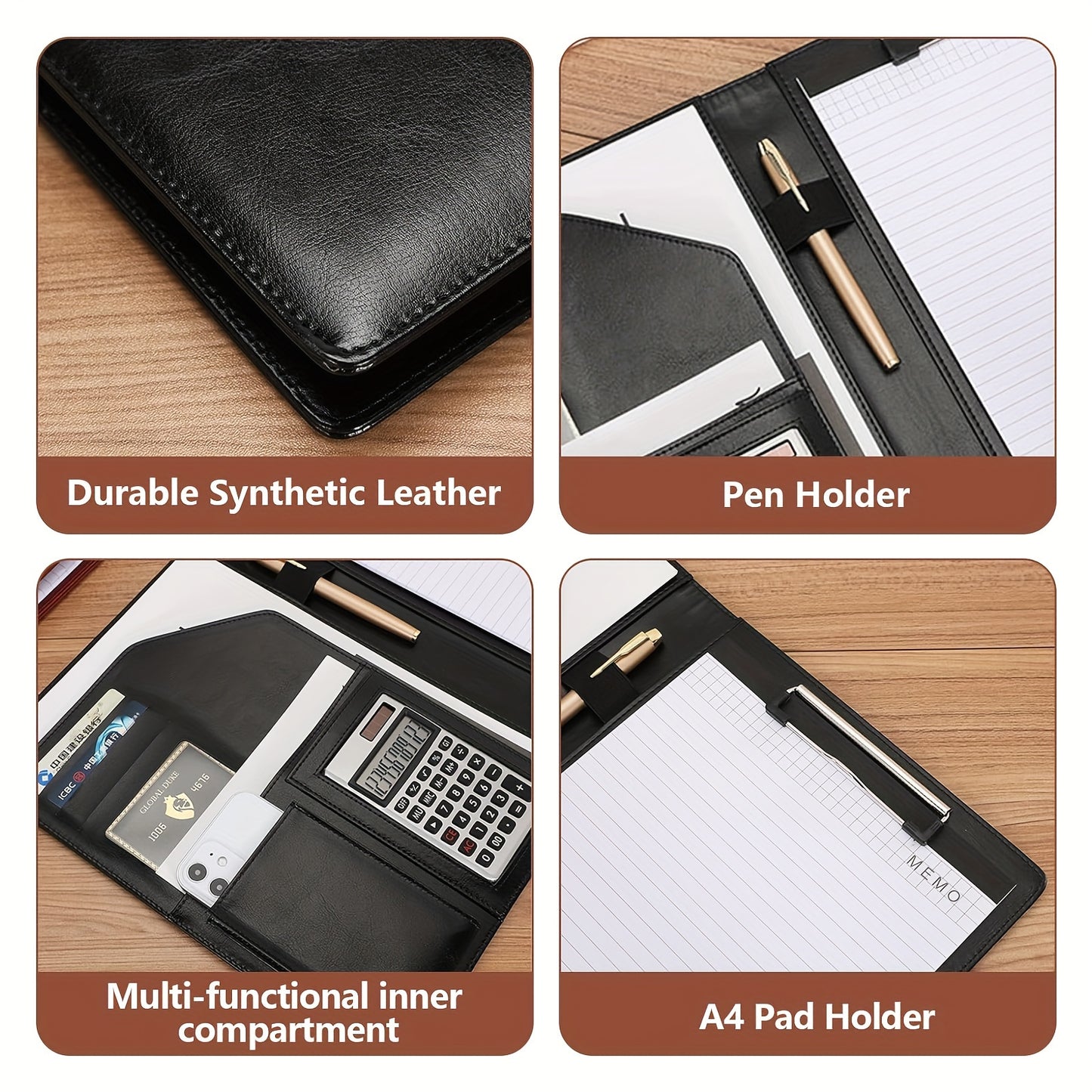 Multipurpose leather portfolio folder for interviews and meetings, includes legal pad, clipboard, pen holder, business card slots, phone and calculator pouches.