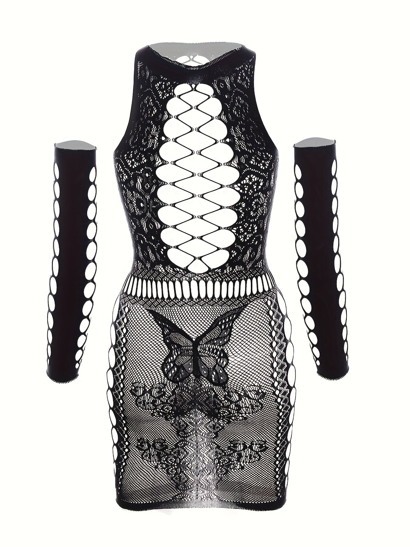 Four hot fishnet and bodycon dress pieces for women's sexy lingerie and underwear.