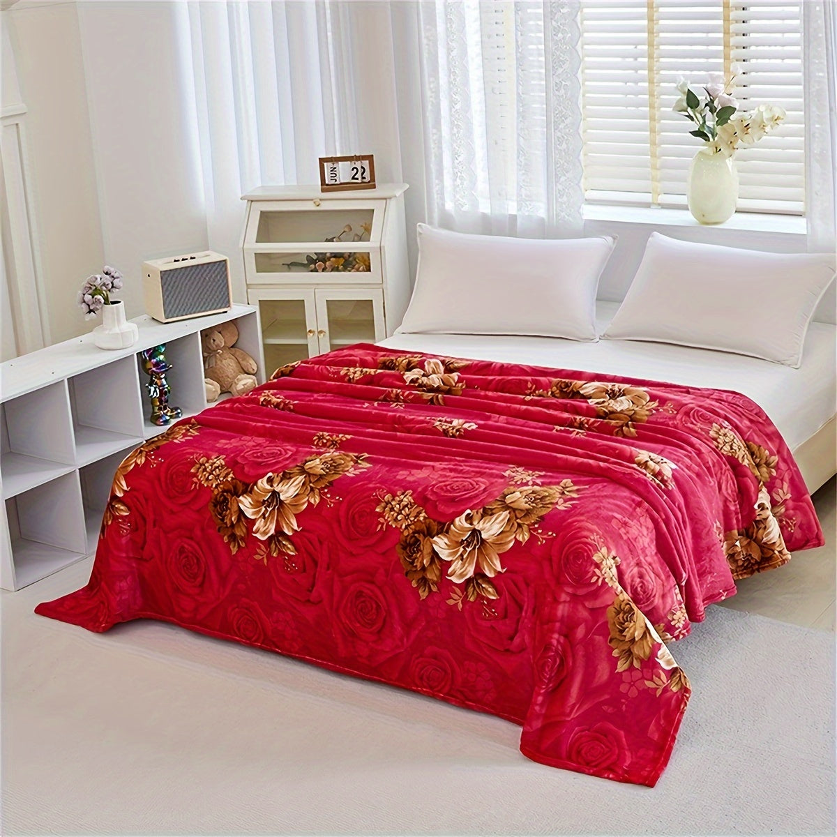 Soft warm knitted floral blanket in contemporary style with vibrant flower design. This all-season multipurpose polyester bed blanket is machine washable, featuring an embellished flower pattern.