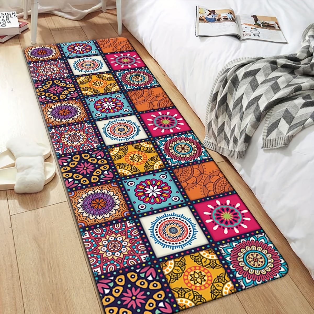 Area rug with Moroccan influences designed to prevent slipping, featuring a soft and durable material that is machine washable. Suitable for use in the living room, bedroom, kitchen, and bathroom. Multiple sizes to choose from.