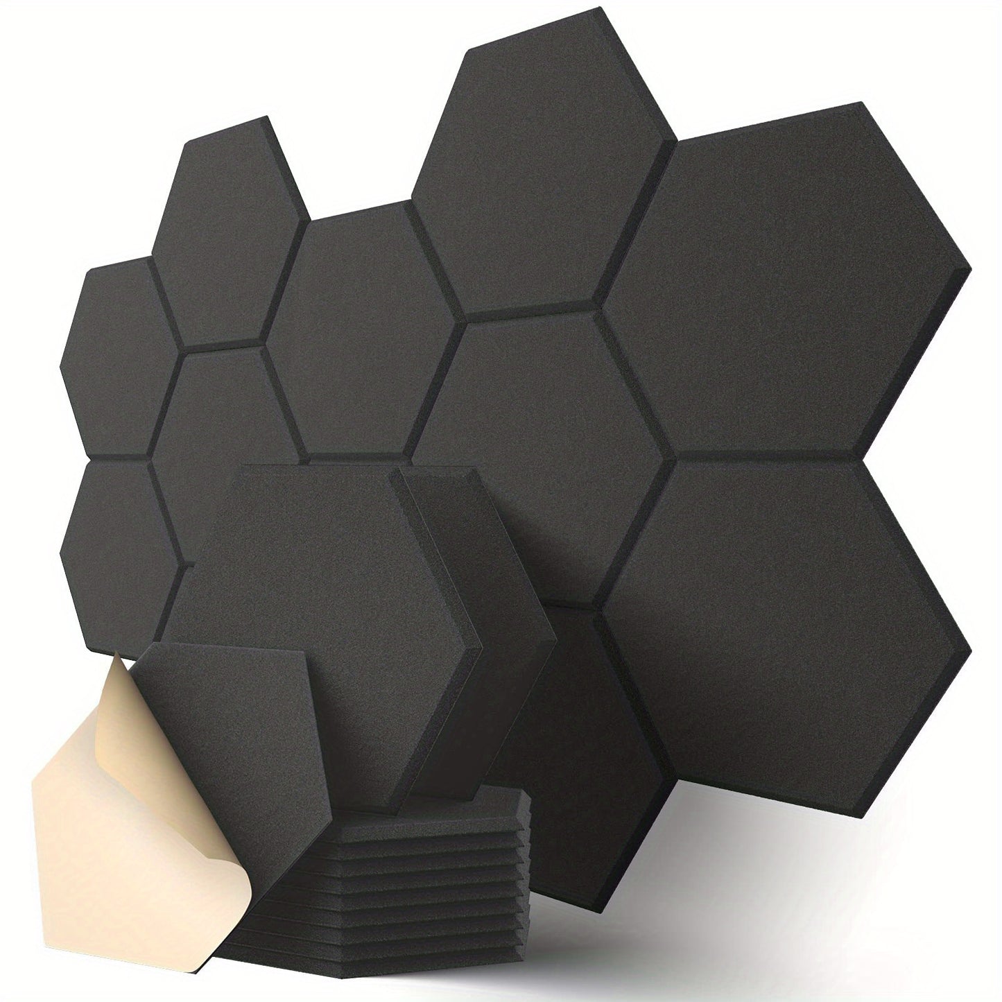 12-pack of hexagonal soundproof foam panels with self-adhesive backing, flame retardant properties, and dimensions of 30.48cm x 25.4cm x 1.02cm. Ideal for noise reduction and echo