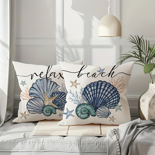 Summer starfish and shell throw pillow covers in a contemporary style, measuring 45.72x45.72 cm. Perfect for nautical ocean beach holiday theme decor, suitable for home, porch, patio, couch, sofa, and outdoor use. Made of durable polyester, pillow