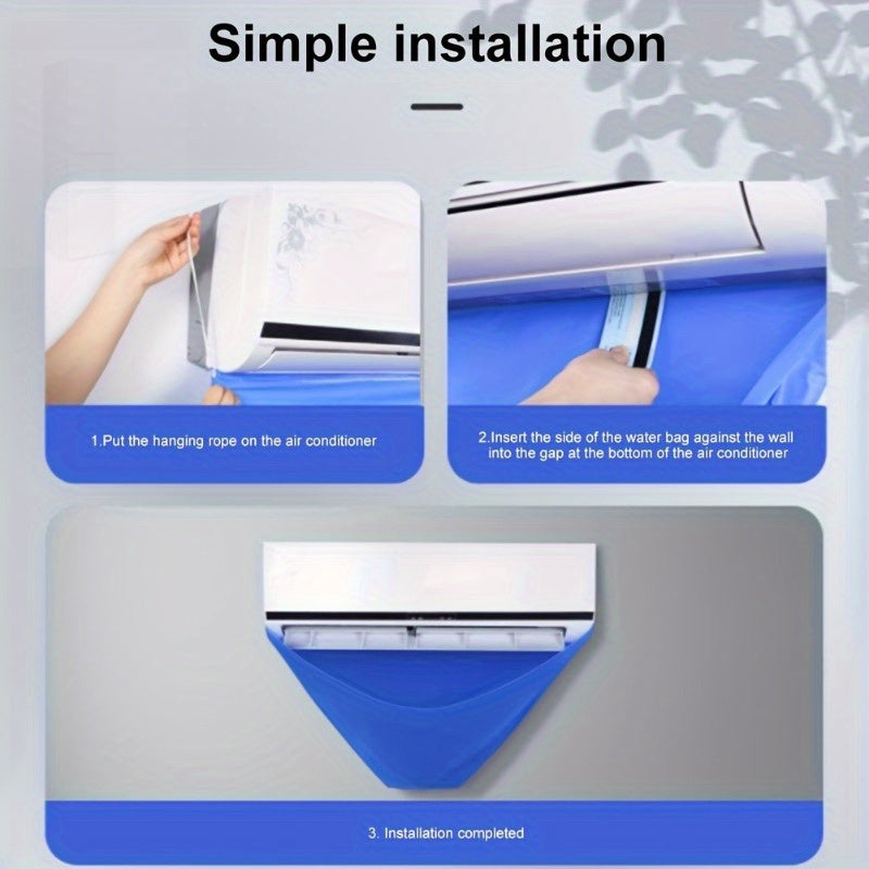 Reusable, self-adhesive protective bag for AC maintenance and washing with water pipe, designed for wall-mounted air conditioners. Blue cover is waterproof and easy to clean.