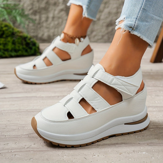 Women's platform sandals with invisible height increase, magic tape closure, faux leather upper, and non-slip rubber sole.