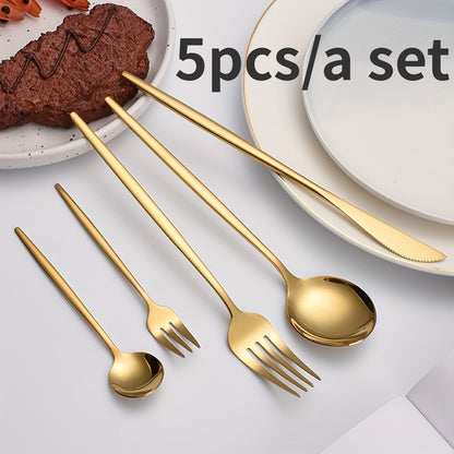 Stainless steel flatware set with a golden finish and elegant modern design for home, kitchen, restaurant, and wedding use.