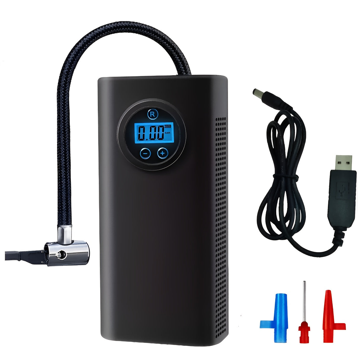 Digital tire inflator with automatic shut-off, USB and battery powered for quick inflation up to 150 PSI. Suitable for car, bicycle, electric bike, and ball tires with rechargeable lithium