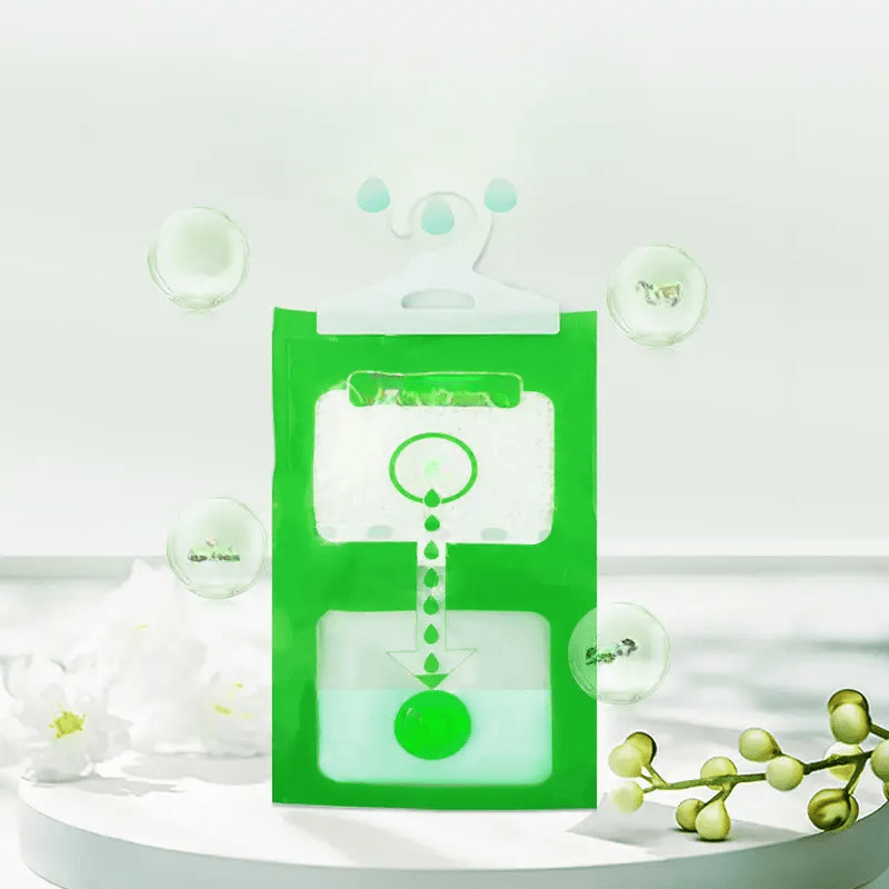 4 Green Hanging Wardrobe Dehumidifier Bags with Transparent Window, Non-Toxic Odor Eliminator for Closet, Portable & Battery-Free, Ideal for Home Use.