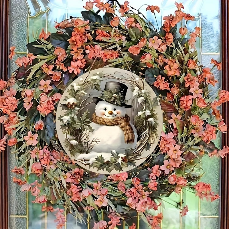 Charming snowman wreath wooden sign with top hat and scarf - perfect for Christmas and all-season home decor. Ideal gift for friends and colleagues. Adds wintery charm to any space.