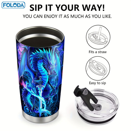 20oz stainless steel tumbler with dragon fairy tale design, ideal for outdoor activities and holidays.