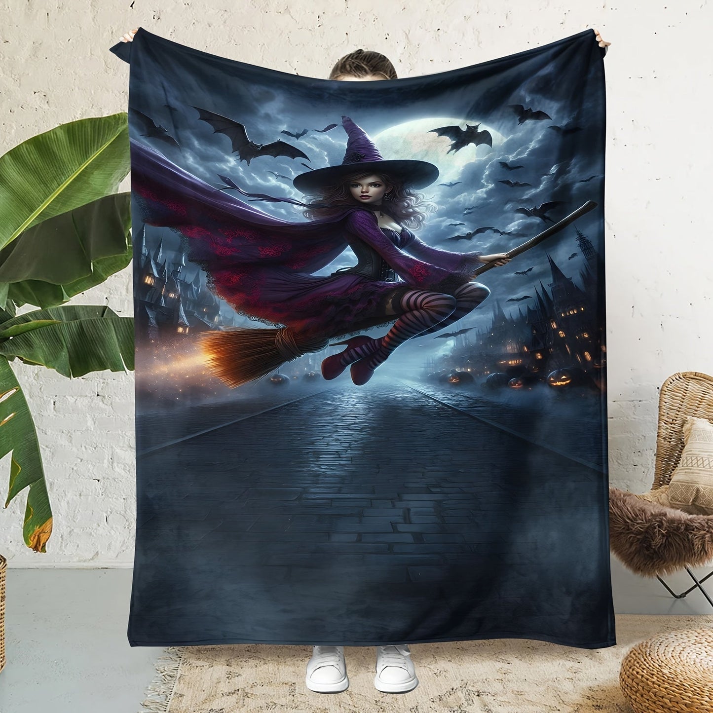 Cozy Halloween Witch Broom Flannel Blanket - Quilted Anime Bedding with Hypoallergenic Mission-Shaker Style. Hand Washable, All-Season Polyester Throw Perfect for Sofa, Bed, Camping, and Travel