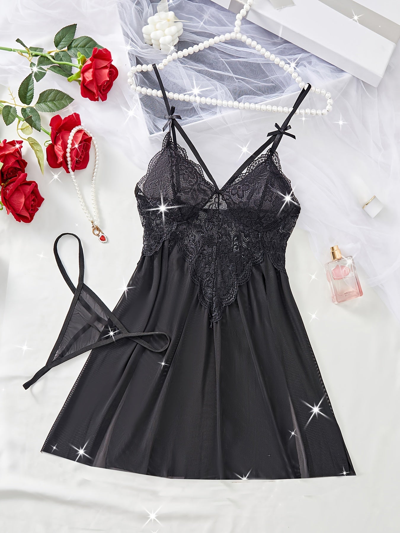 Sexy slit nightgown set for women with lace detail and knit fabric in solid color, made of polyester. Perfect for adult sleepwear.