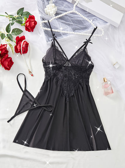 Sexy slit nightgown set for women with lace detail and knit fabric in solid color, made of polyester. Perfect for adult sleepwear.