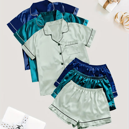 Solid satin pajamas with short sleeve button top and elastic shorts for women's sleepwear.