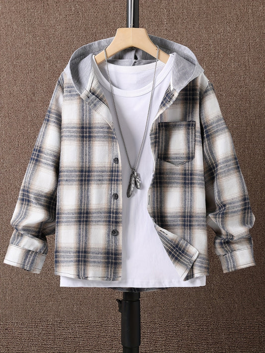 Plaid hooded shirt for boys in cozy knit fabric with pockets, regular fit and slight stretch, perfect for fall/winter season.