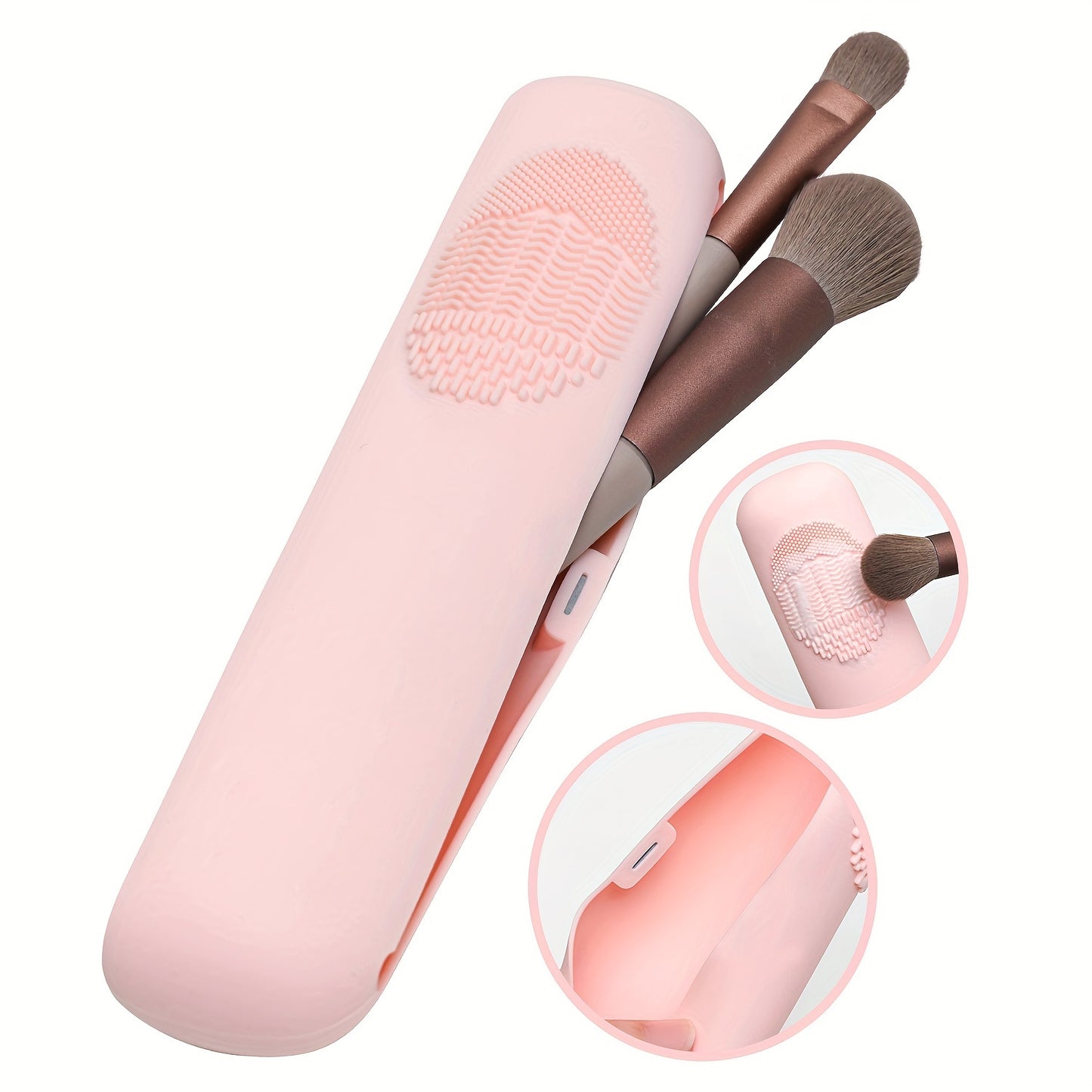 Travel makeup brush holder in beige silicone with magnetic closure; waterproof, anti-fall design for adult makeup tools organization.