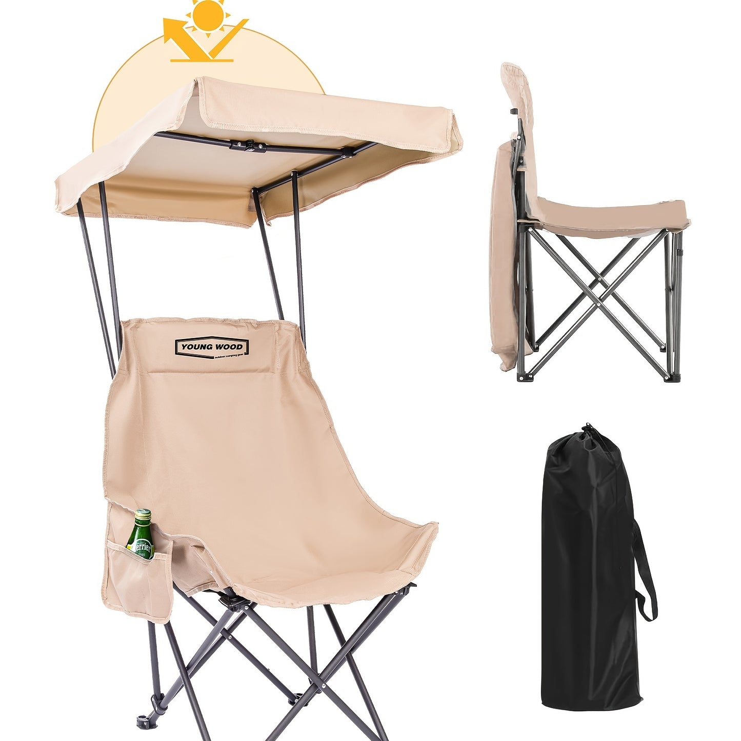 Portable folding camping chair with adjustable sun shade canopy, side pockets, 50+UPF sun protection, durable 600D Oxford fabric. Supports up to 149.69 KG, ideal for beach, camping, outdoor