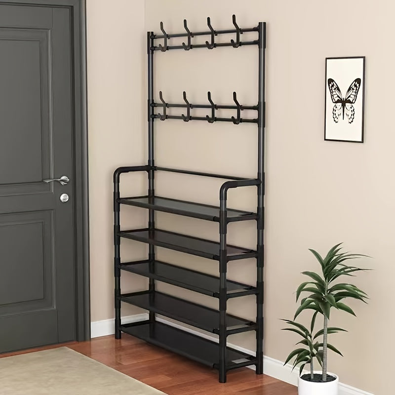 Metal entryway storage rack with shoe shelves, tier organizer, removable hooks, coat and hat stand for front door entry, for clothing, shoes, hats, bags, and umbrellas - in white and black.