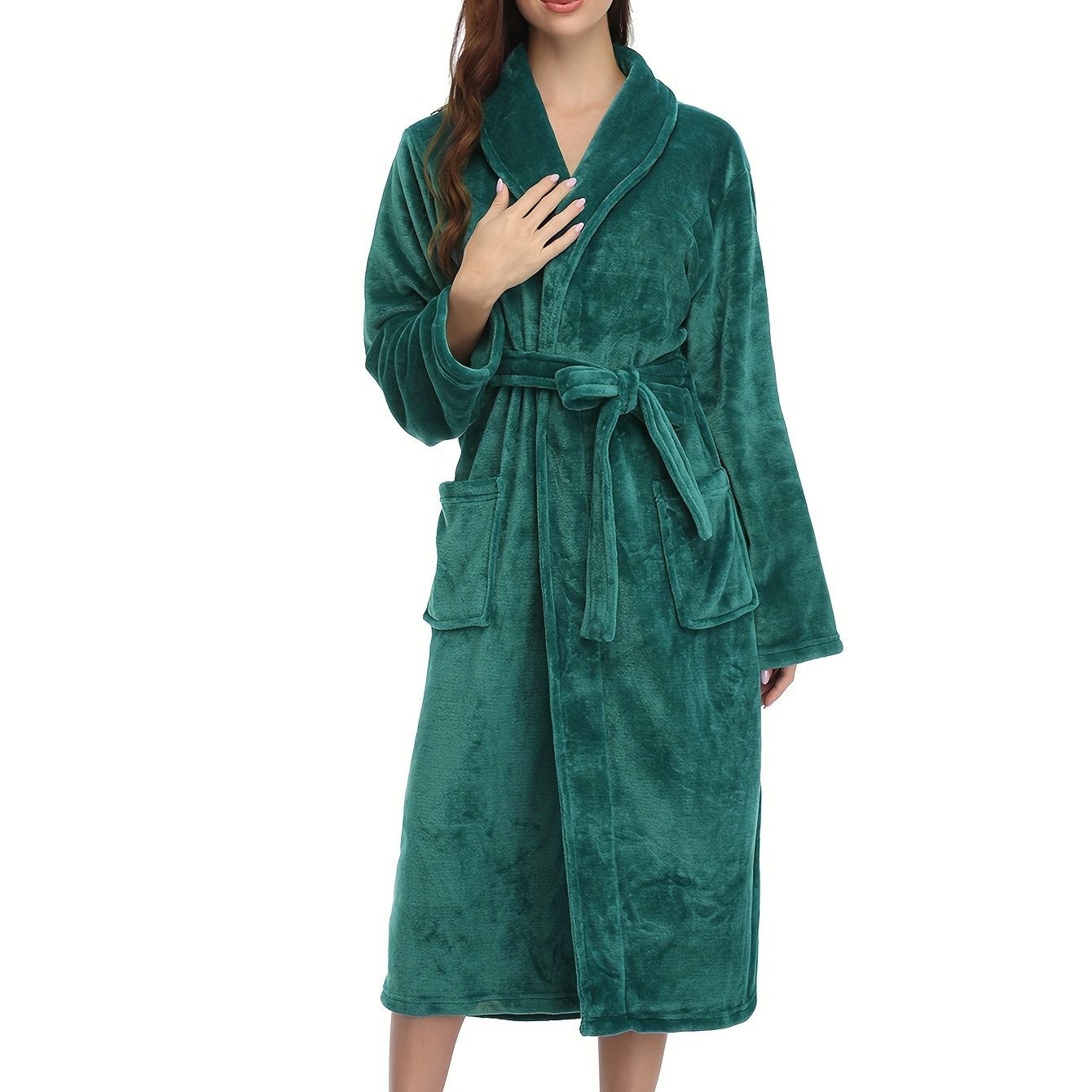 Colorblock fuzzy night robe, cozy and warm with long sleeves, lapel collar, belt, and designed for women's sleepwear.