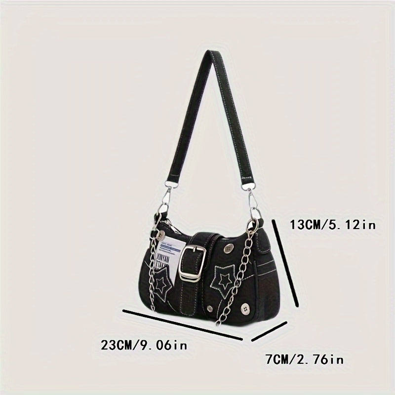 Denim shoulder bag with star pattern, moon shape, chain strap, zipper closure, polyester lining, removable strap.