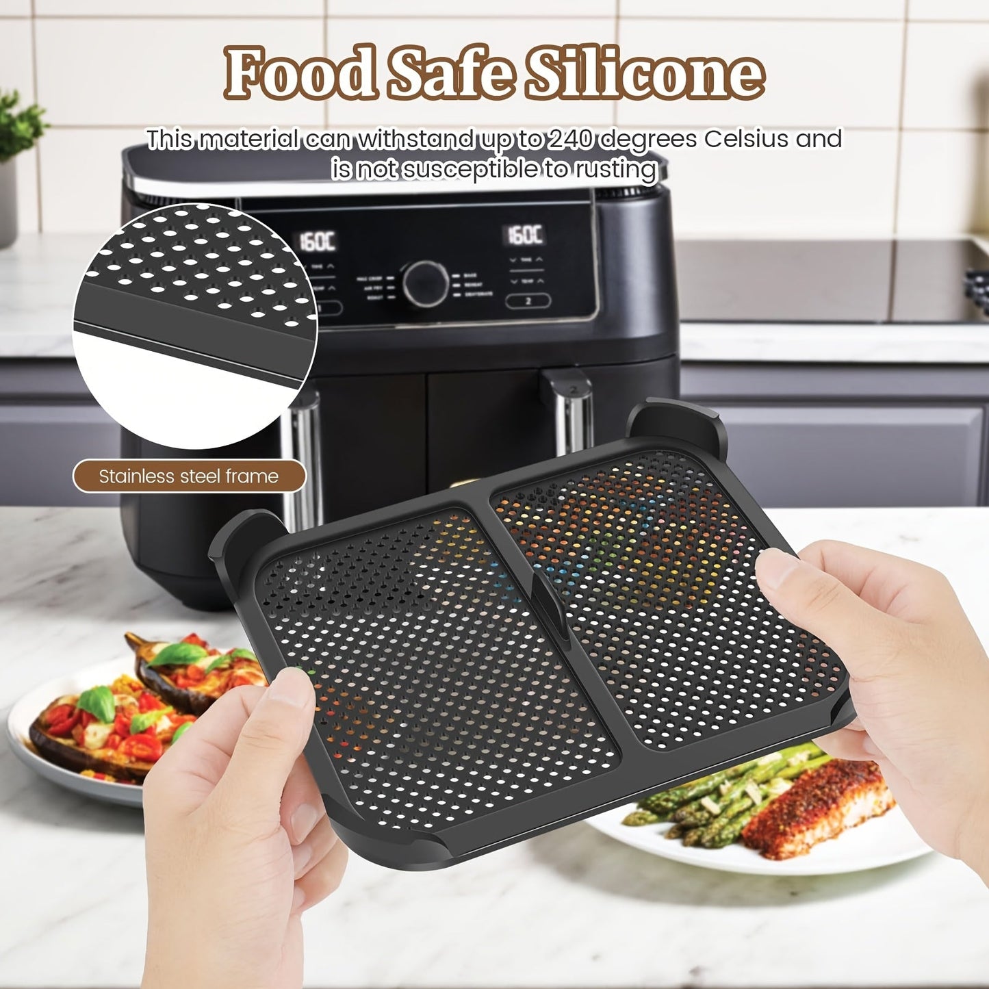 Two pieces of silicone splash guards designed for Ninja Air Fryer models AF400EU, AF451EU, AF400DE, AF451DE. These guards measure 21x16x1.5cm and are heat resistant up to 240℃. They serve as grease splatter shields and are compatible with various air