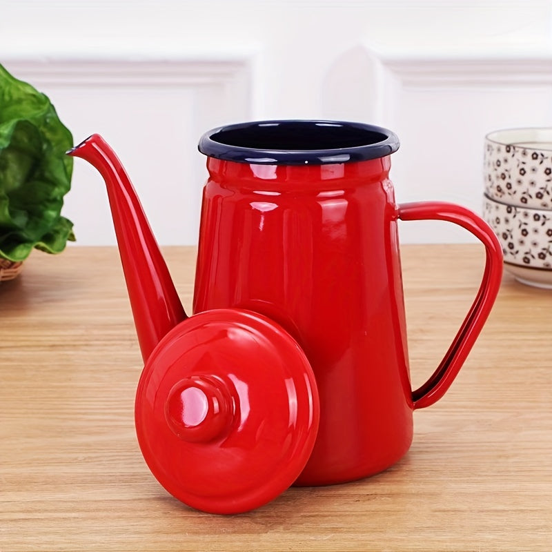 Retro Thickened Enamel Tea Kettle - 1.1L capacity, perfect for making coffee, oil, milk tea, and more. Ideal for both summer and winter drinkware, these enamel kettles are a stylish addition to your home kitchen. Great for back to school supplies.