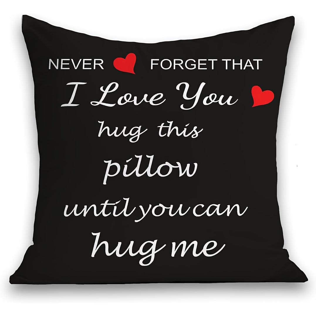 Romantic 'I Love You' hug-inspired pillow cover, 45.72x45.72 cm, perfect girlfriend gift, soft plush material, zip closure, hand washable.