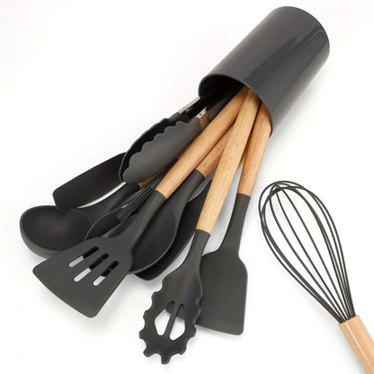 12-piece silicone cooking utensil set with non-stick spatula and spoon, featuring lightweight wooden handles for baking and cooking.