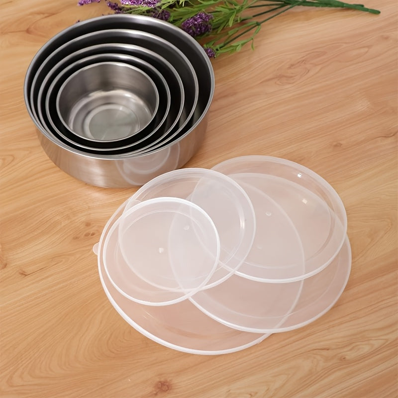 5 stainless steel storage containers with clear lids for home and kitchen organization.