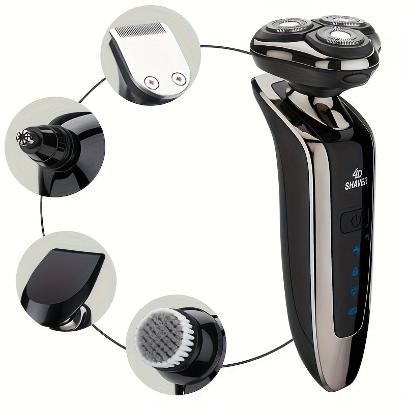 Get a smooth shave anywhere with CHIN 4D electric shaver for men. This shaver includes nose and sideburn trimmers, face cleaning brush, stainless steel blades, and is USB rechargeable.