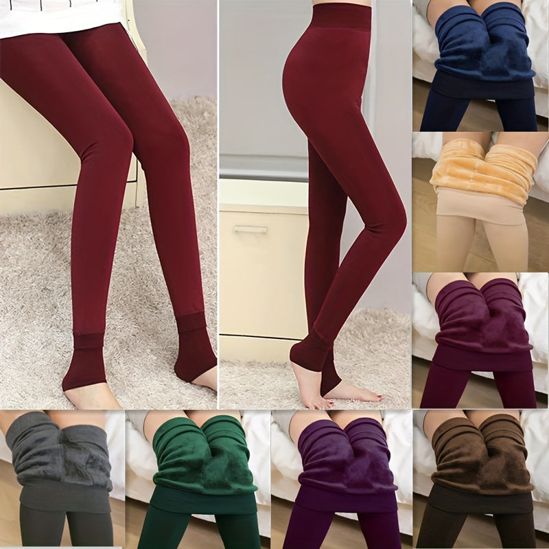 Women's high waist thickened velvet leggings in solid color. Made of polyester and spandex blend knit fabric with elasticity. Hand washable.