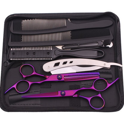 Japanese stainless hair cutting scissors and thinning shears set for barber shops and hairdressing, includes combs and razor