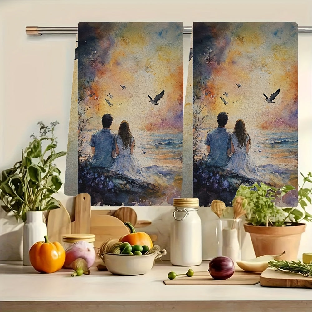 Two pieces of romantic sunset love kitchen towels - made from ultra soft and highly absorbent polyester, measuring 40.64x60.96 cm. These dish hand towels feature a vibrant sky design, perfect for holiday decor. They are machine washable for easy care.