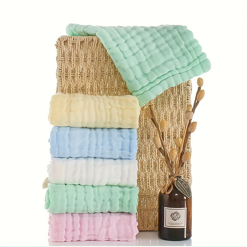 Soft and comfortable, this set of 5 baby towels is made of pure cotton and features a six-layer gauze design in a solid color. These square towels are perfect for face washing, with a skin-friendly and water-absorbing seersucker texture.