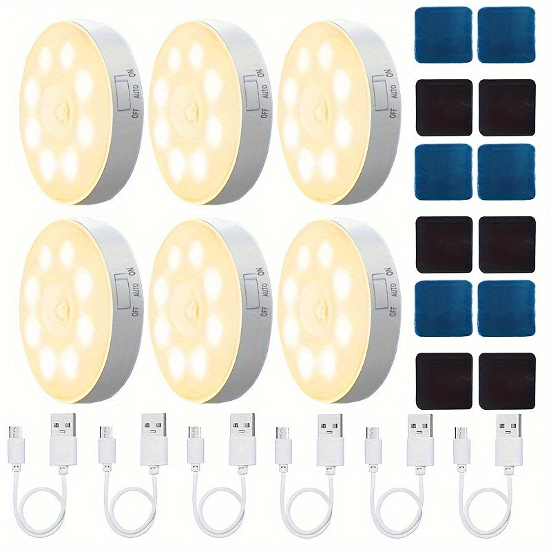 AMill 6-Pack USB Rechargeable LED Motion Sensor Lights for indoor use, with magnetic stick-on feature and infrared detection. Suitable for staircases, closets, bedrooms, and offices.