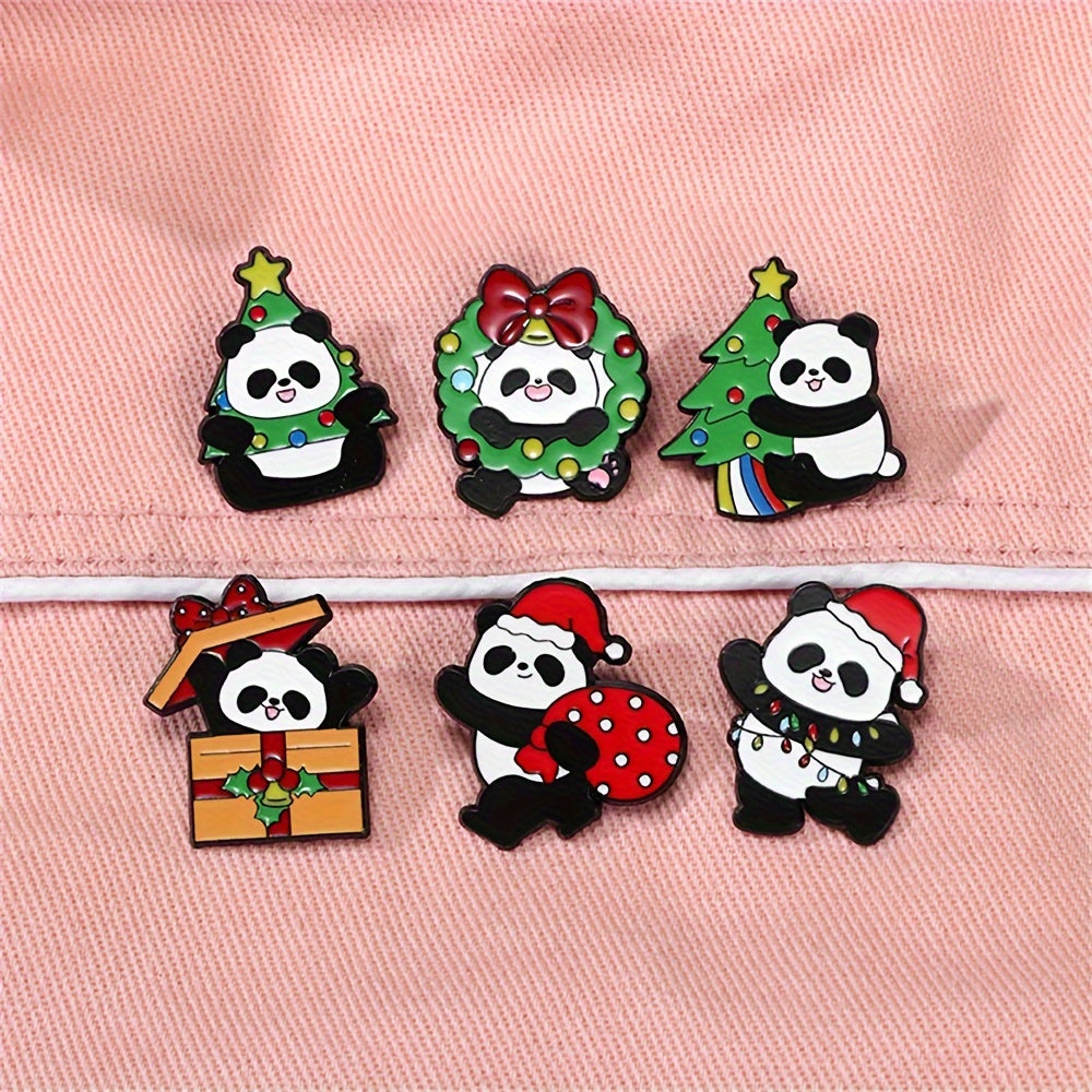 Set of 6 adorable enamel pins featuring cute cartoon pandas, made of durable alloy in animal shapes. Perfect for adding a touch of holiday cheer with novelty Christmas themed lapel badges. These decorative ornaments are great for accessorizing bags and