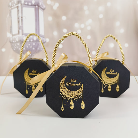 5 Eid Mubarak Candy Gift Boxes, Ramadan Kareem Paper Favor Boxes with Party Supplies for Muslim Holidays.