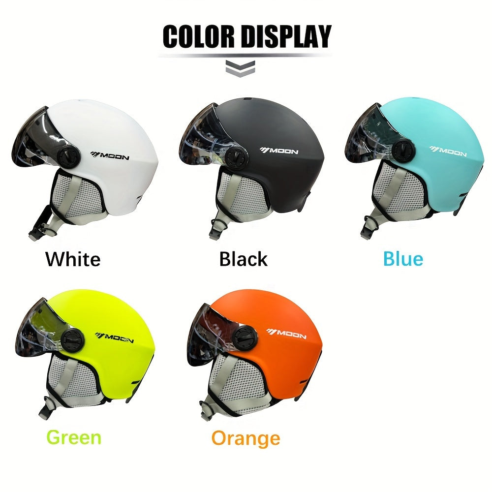 Moon Ski Helmet with Goggles offers all-around protection for outdoor sports like snowboarding and skateboarding. Features include a PC+EPS construction, universal fit, integrated visor