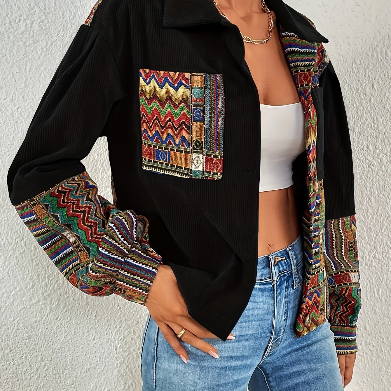 Women's Corduroy Jacket with Printed Shoulders, Elegant Collar, Color Block Pattern, Button Detail, Polyester, Spring/Autumn Casual Outerwear