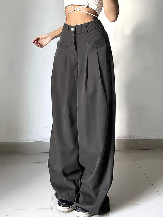 High-waisted button-front work pants in solid colors for women's office attire.